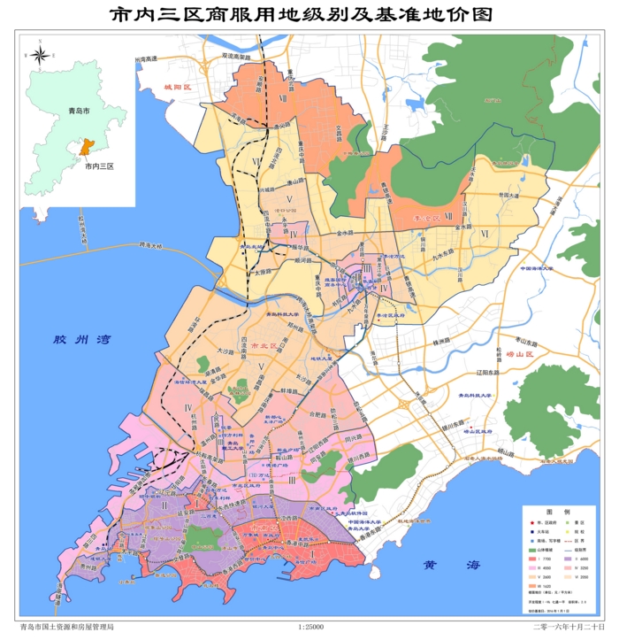 至四级地地界,东侧至崂山区界,北侧至城阳区界,西侧至胶州湾海岸线